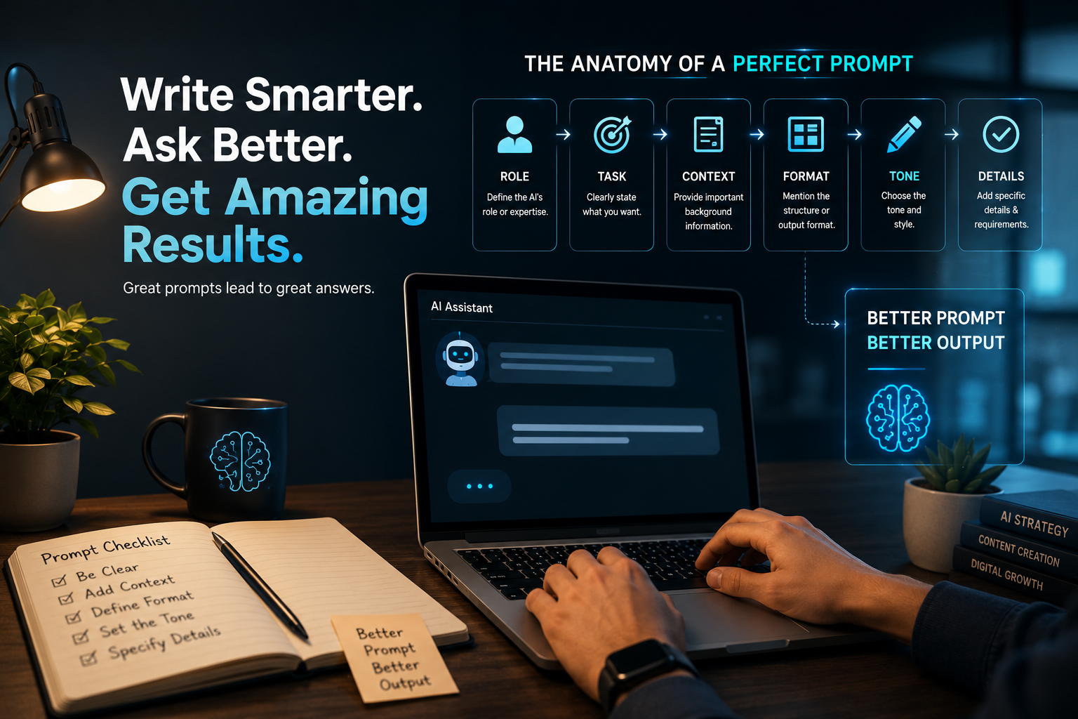 Professional creating effective AI prompts on a computer