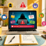 Person identifying fake online earning offers on a laptop with warning symbols