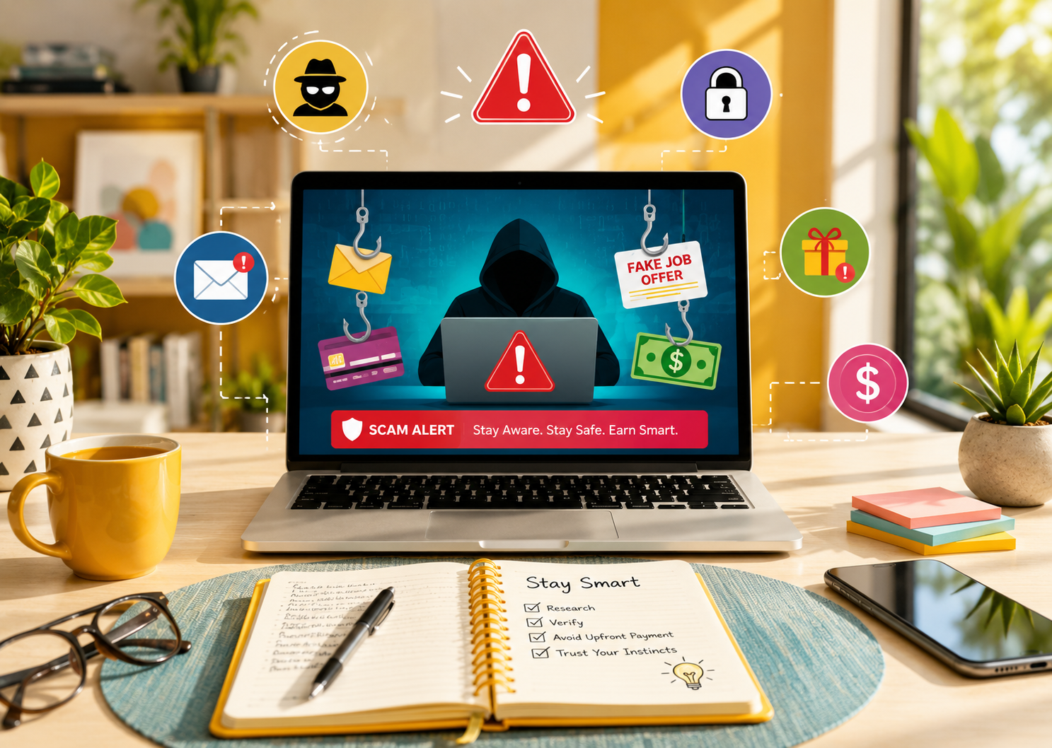 Person identifying fake online earning offers on a laptop with warning symbols