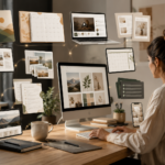 Entrepreneur creating digital products on a modern workspace for an online business