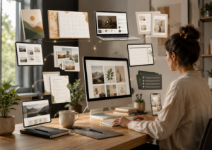 Entrepreneur creating digital products on a modern workspace for an online business